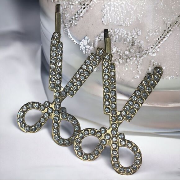 Set l Rhinestone on Golden Barrette, Hair Clips l Scissor Decor l 2 1/4” l New - Picture 9 of 9